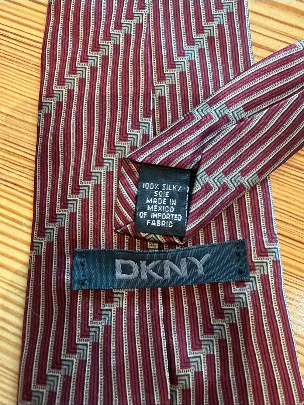 DKNY Men’s 100% Silk Tie Burgundy Gray Geometric Stripe 62” Long Necktie